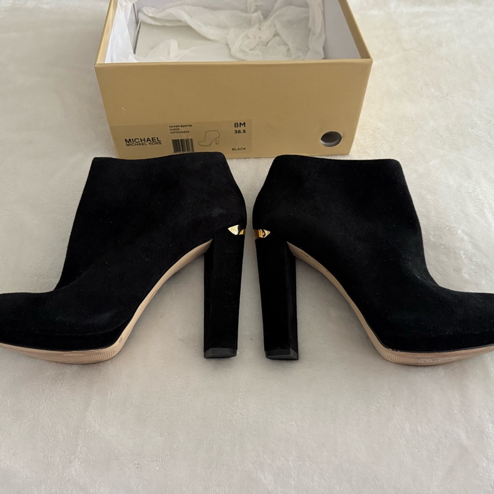 Michael Kors Black Suede Ankle Boots with Gold Details